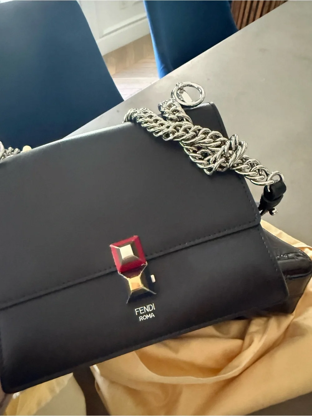 Fendi Black Leather Shoulder Bag with Multicolor Push-Lock—Authentic